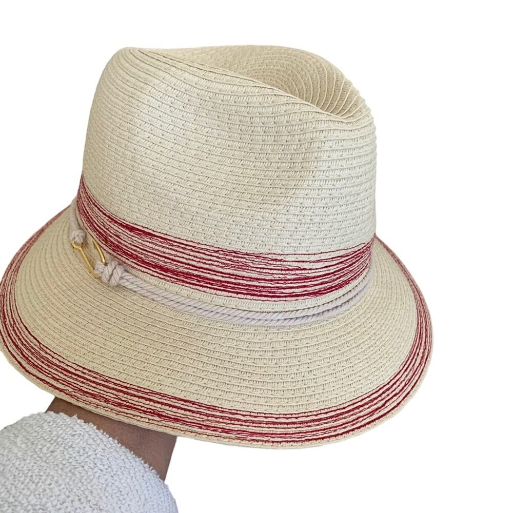 John Callanan Paper Panama Permanent Vacation Red Stripe Fedora One Size NWT